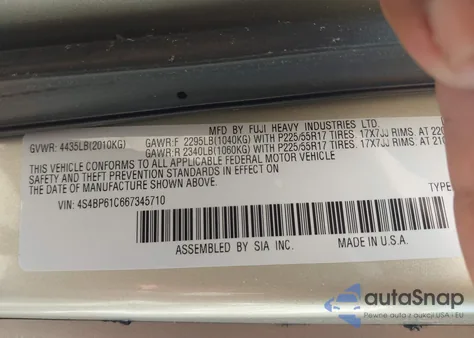 2006 Subaru Outback 2.5I из США, поврежденный, VIN 4S4BP61C667345710